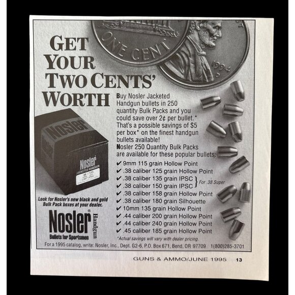Nosler Jacketed Handgun Bullets for Sportsmen Vintage Print Ad Bend OR - Picture 1 of 6